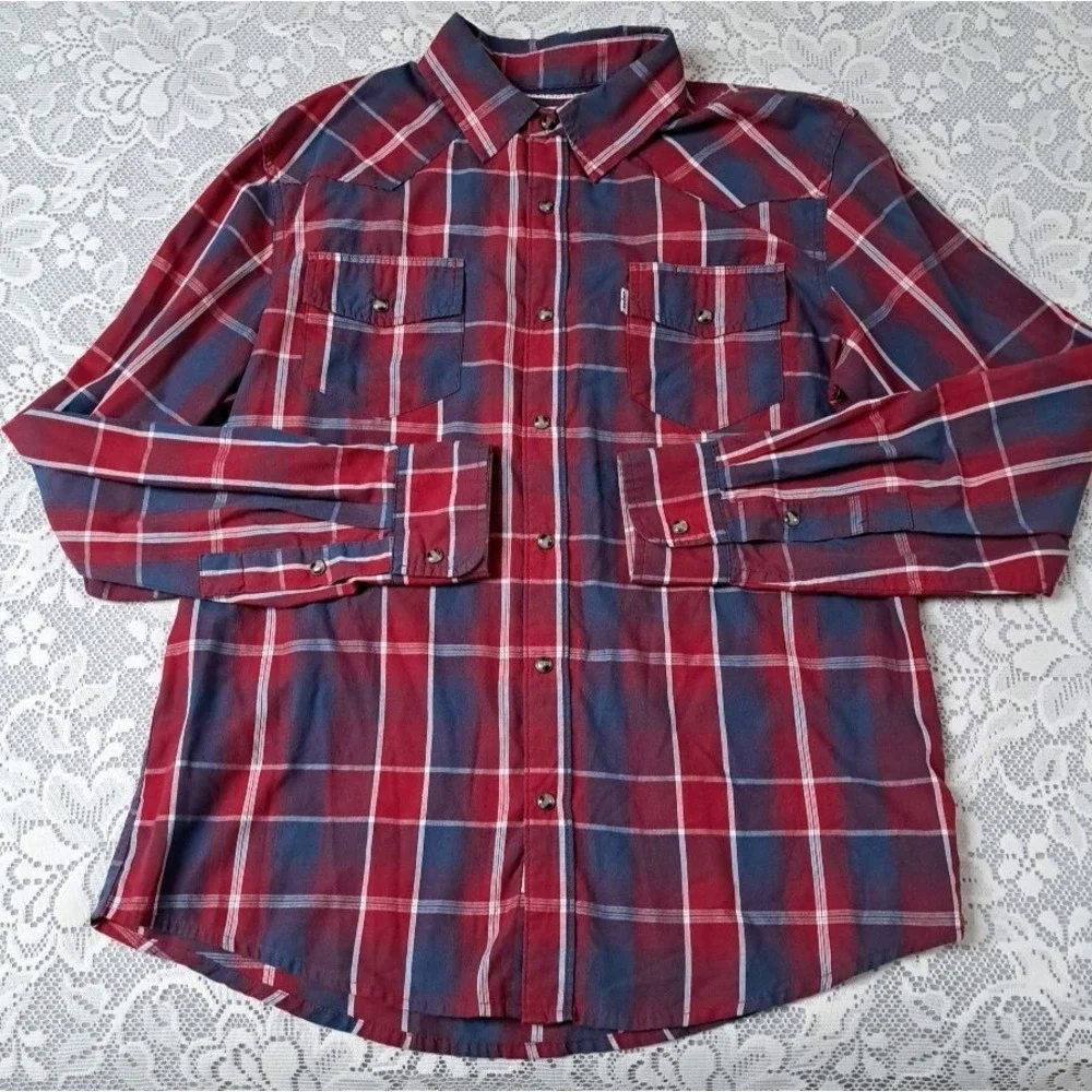 Men's Levi's Modern Fit Plaid Long Sleeve Pearl Snap Button Up Shirt Size Medium